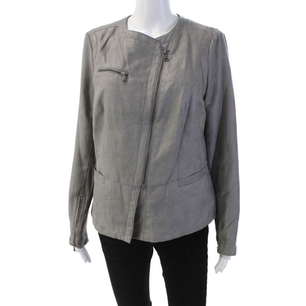 DKNY Jeans Womens Faux Leather Asymmetrical Zippered Jacket Light Gray Size L